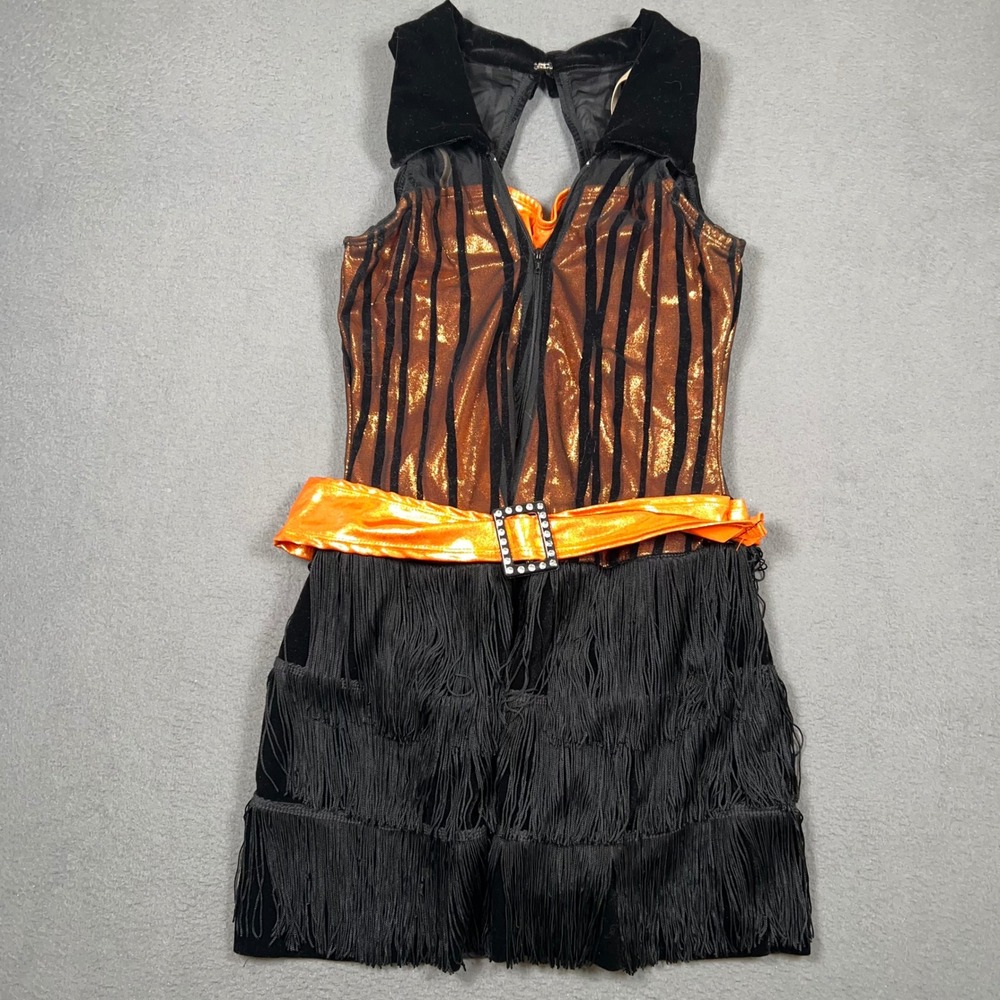 Algy Dance Costume Girls M Orange Black Fringe Metallic Jazz Tap Leotard